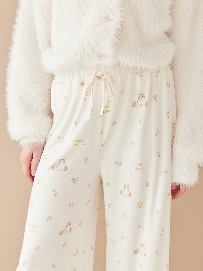 フラワーキャット柄ロングパンツ(ロングパンツ)｜ルームウェア