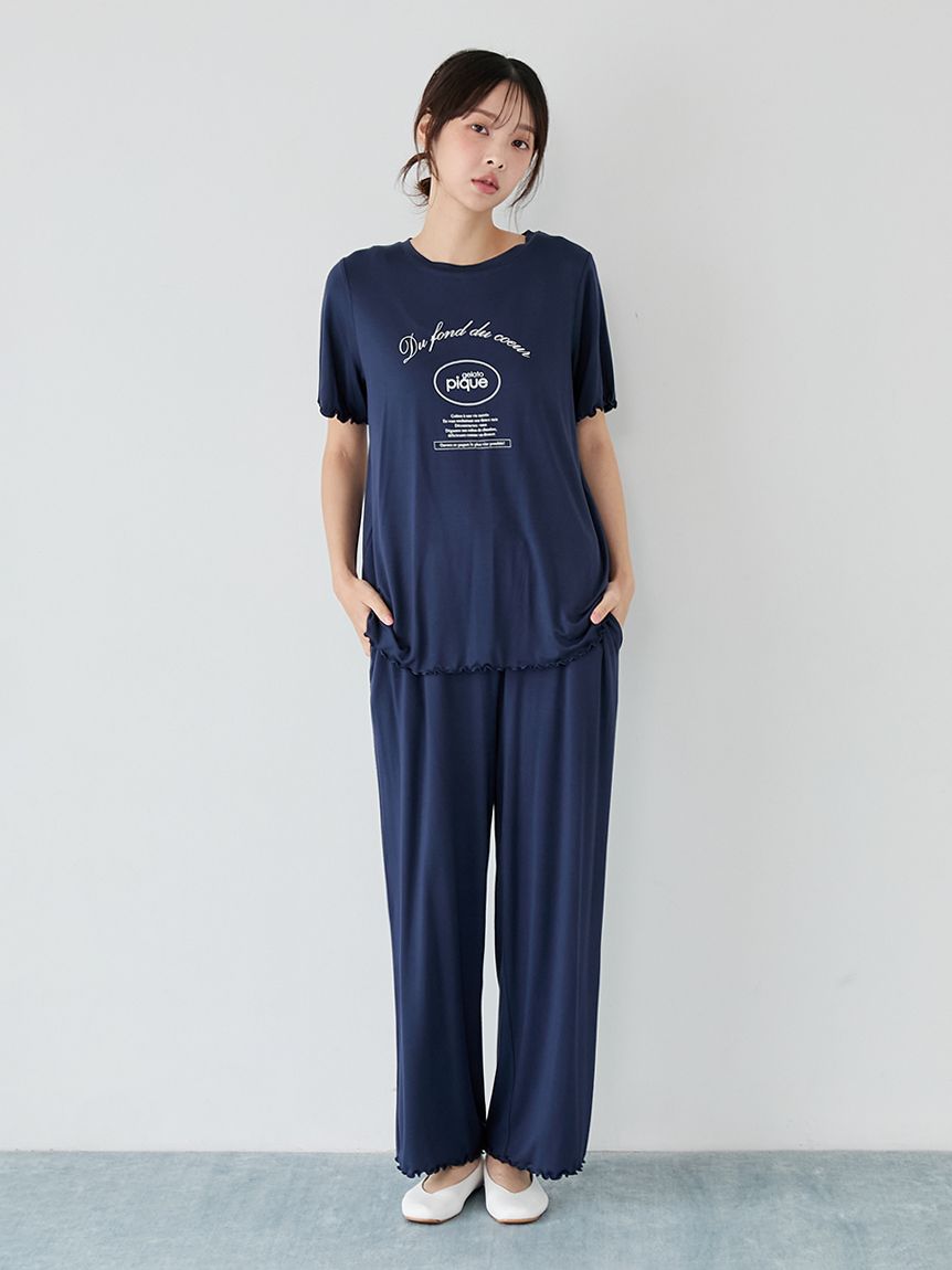 新品♡ジェラートピケ♡レーヨンロゴプルオーバー&ロングパンツ　セットアップ gelato pique（ジェラートピケ） レーヨンロゴTシャツ&ボーダーロング