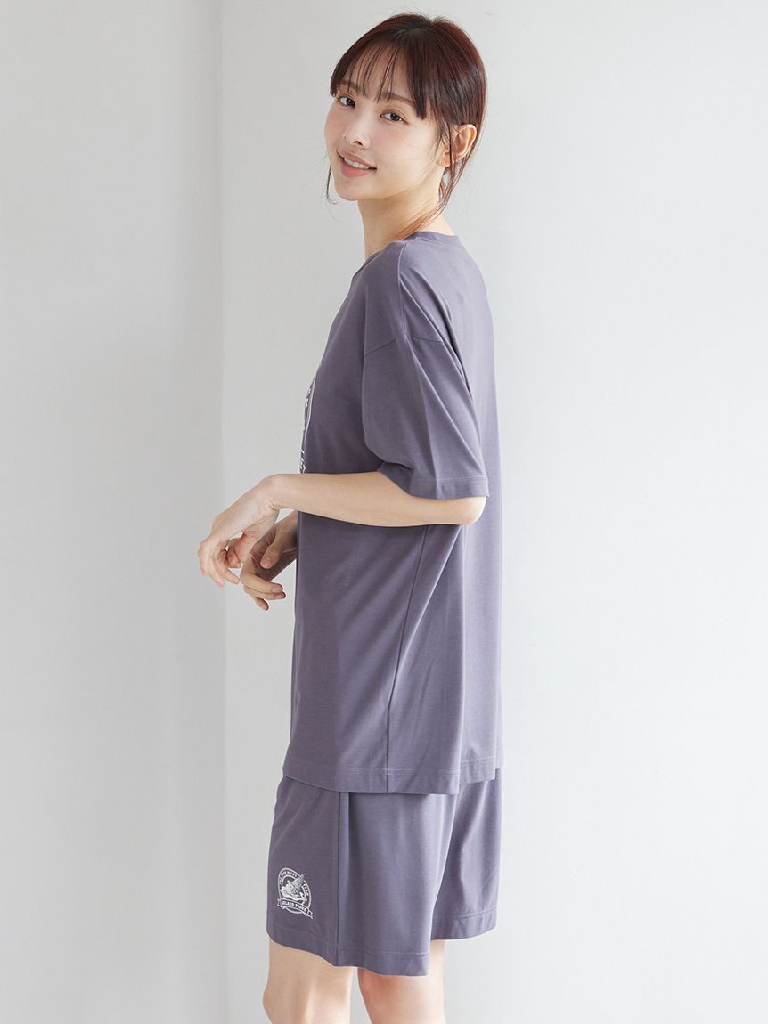 BEWET 半袖ロングパンツウェットスーツ グレー/パープル UVカット】エンブレムワンポイントハーフパンツ(ショートパンツ