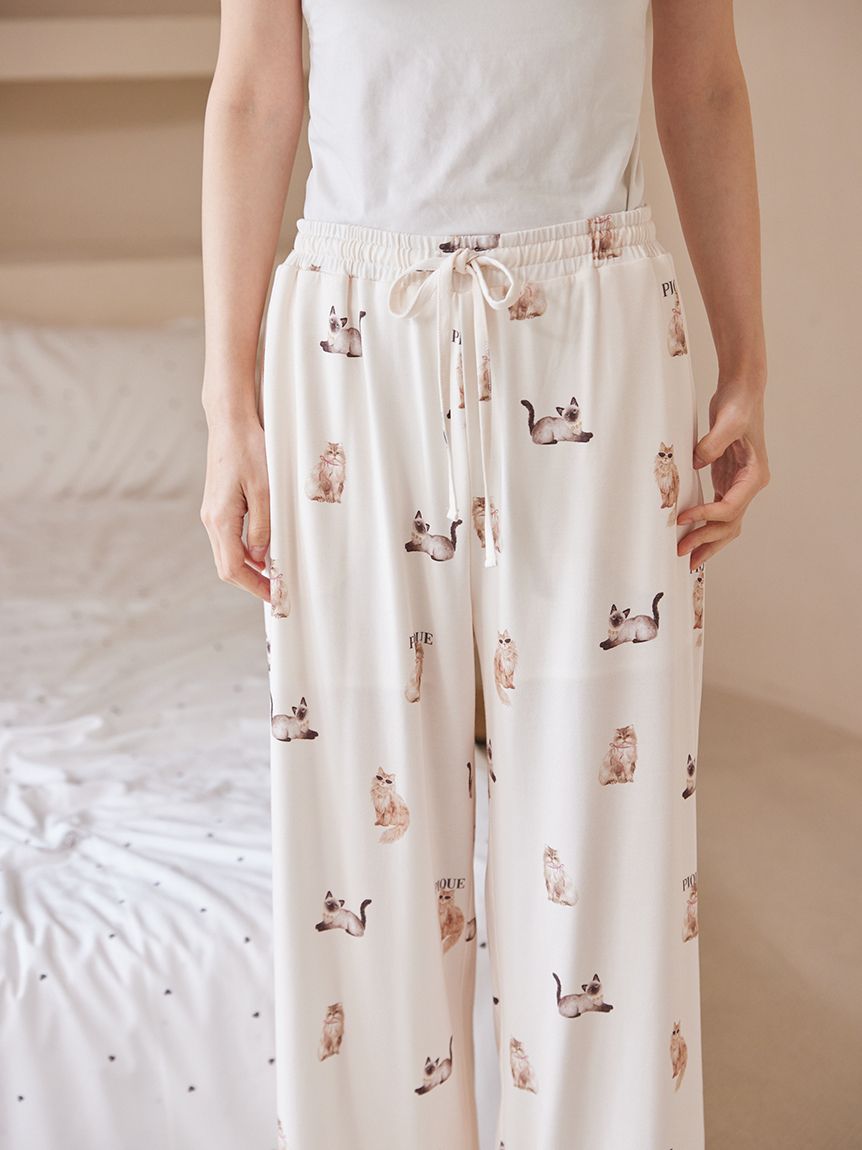 接触冷感】ファッションCATS&DOGS柄ロングパンツ(ロングパンツ