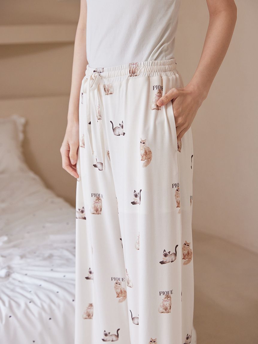 接触冷感】ファッションCATS&DOGS柄ロングパンツ(ロングパンツ