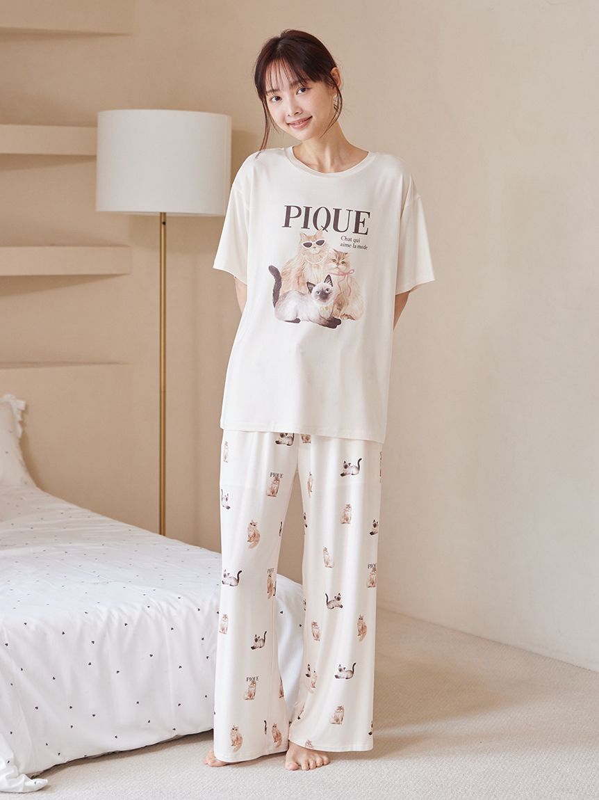 接触冷感】ファッションCATS&DOGS柄ロングパンツ(ロングパンツ