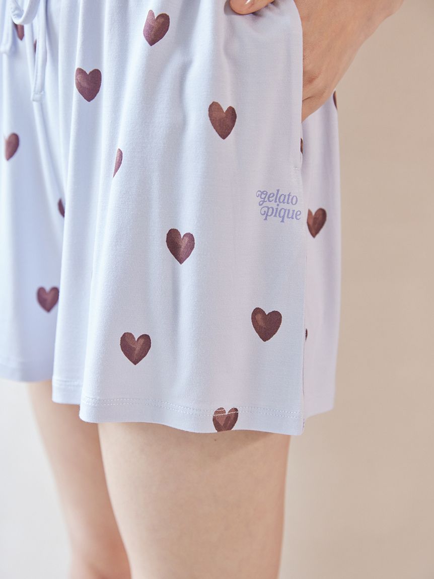 美品✨️ジェラートピケ ハート柄ロンT＆ショートパンツセット ネイビー ONLINE限定】【接触冷感】ケーキワンポイントTシャツ&ハート柄ショート