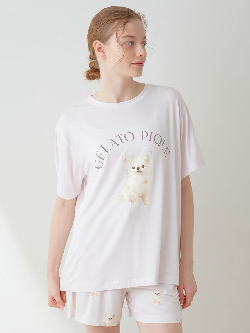 DOG柄ワンポイントTシャツ(カットソー・Tシャツ)｜ルームウェア 