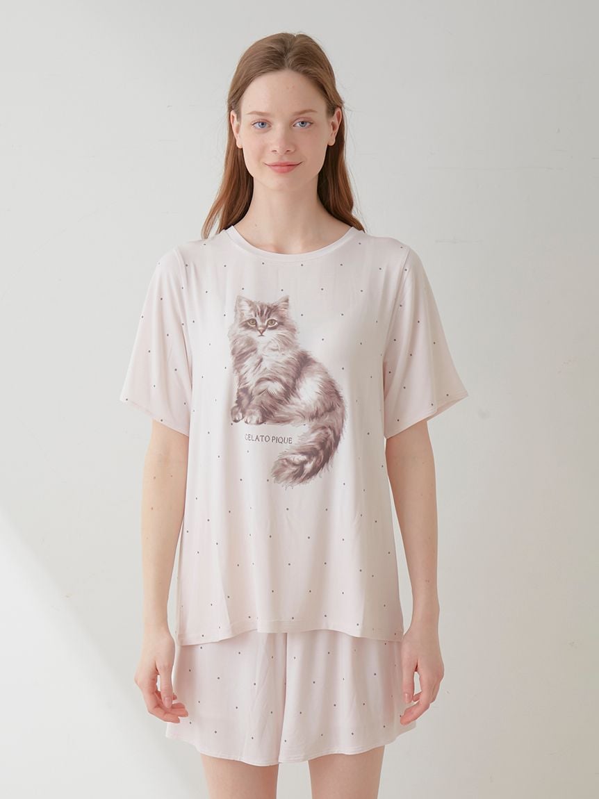 【ONLINE限定】CATドット柄ワンポイントTシャツ＆ショートパンツセット | PWCT242369