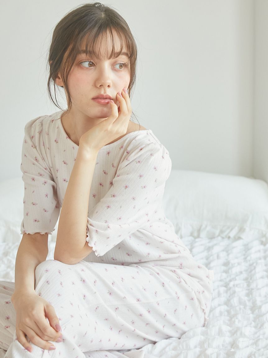 ジェラートピケ　さくら柄針抜きTシャツ×ロングパンツ セール】【SPRING】さくら柄針抜きロングパンツ（ルームウェア
