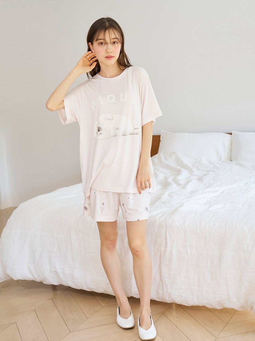 接触冷感あざらしワンポイントTシャツ&ショートパンツセットピンク