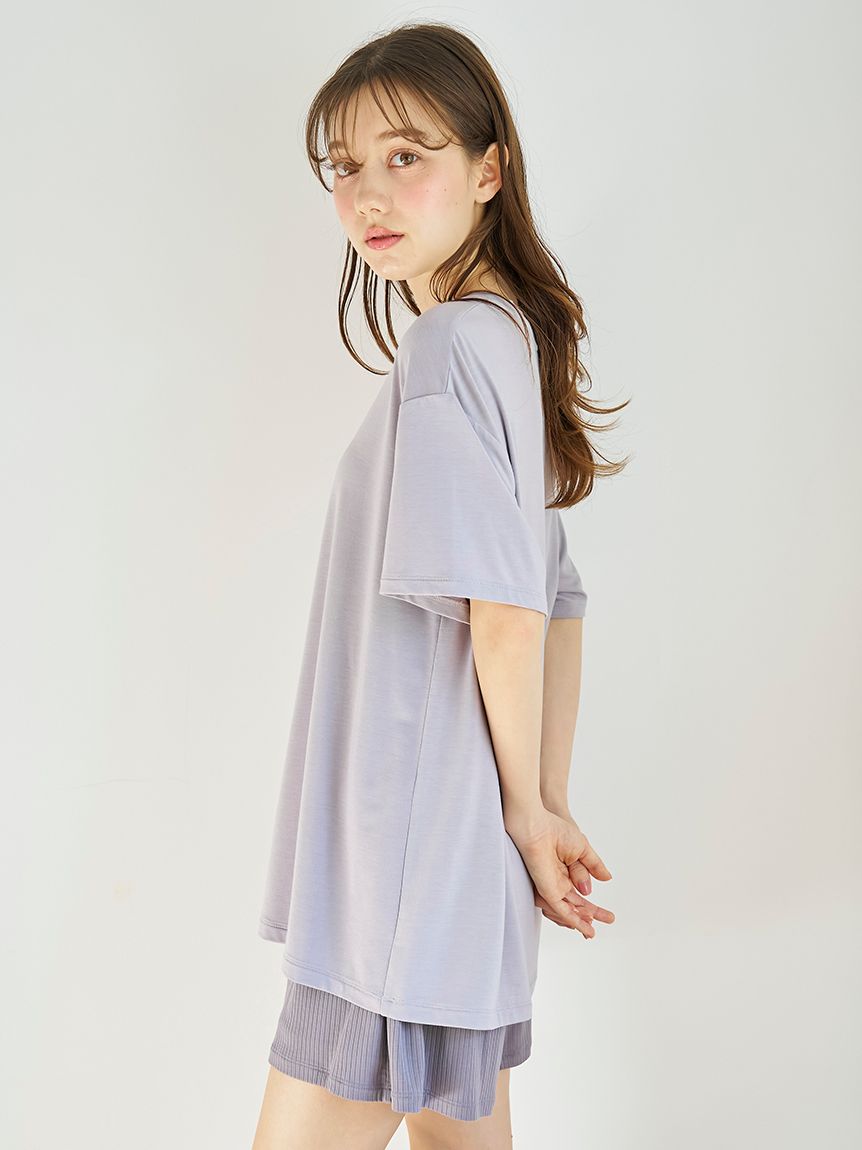 【激安通販 オンラインショップ】日用品 接触冷感】ロゴTシャツ&リブショートパンツセット(カットソー・T ルームウェア・パジャマ