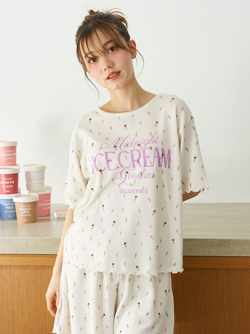 接触冷感】アイス柄ワッフルプルオーバー(カットソー・Tシャツ