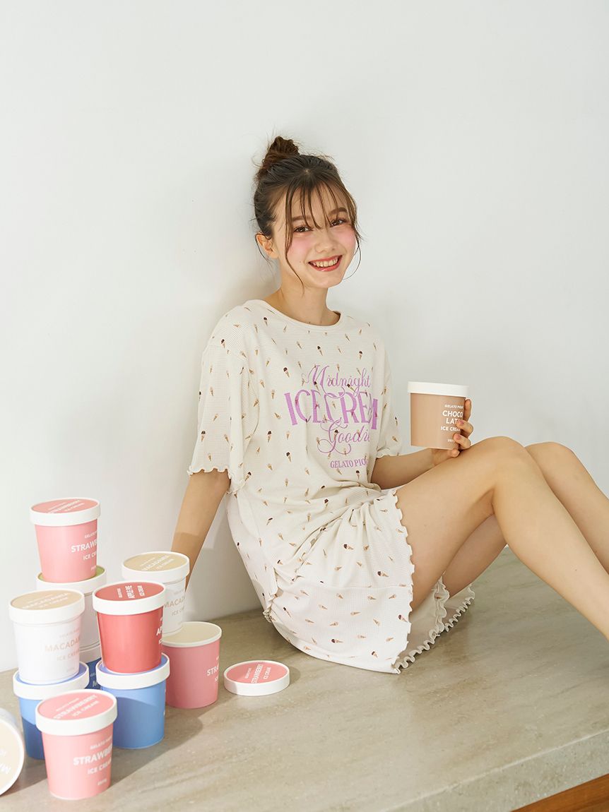 ジェラートピケ　接触冷感　アイス柄ワッフルプルオーバー&ショートパンツ gelato pique パジャマ ルームウェア 「接触冷感」アイス柄