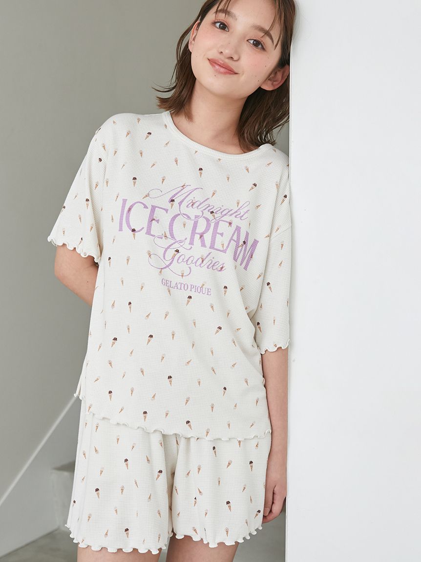接触冷感】アイス柄ワッフルプルオーバー(カットソー・Tシャツ