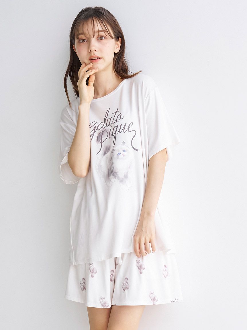 CAT柄ワンポイントTシャツ(カットソー・Tシャツ)｜ルームウェア