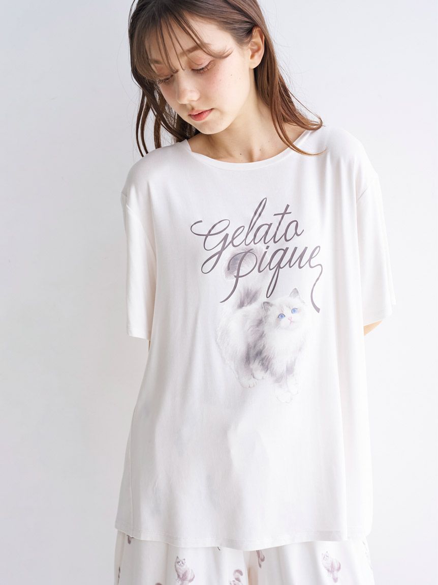 CAT柄ワンポイントTシャツ(カットソー・Tシャツ)｜ルームウェア