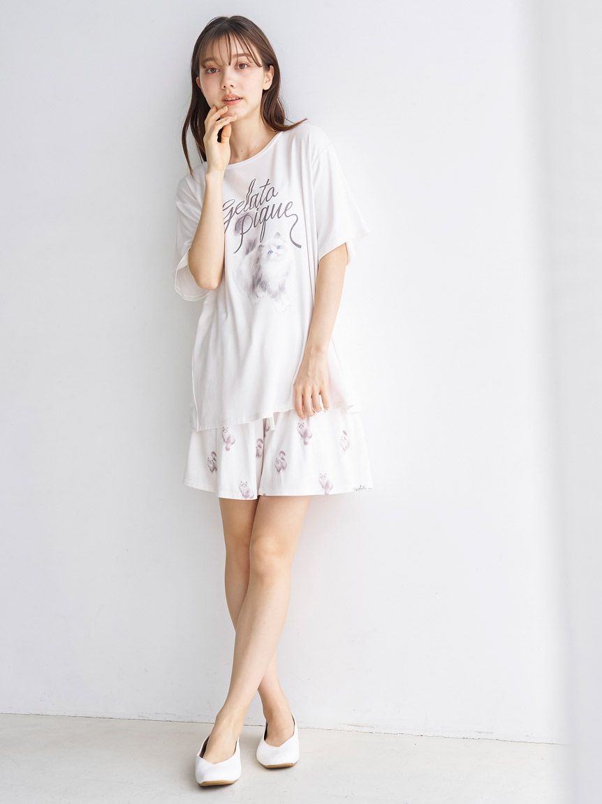 CAT柄ワンポイントTシャツ(カットソー・Tシャツ)｜ルームウェア