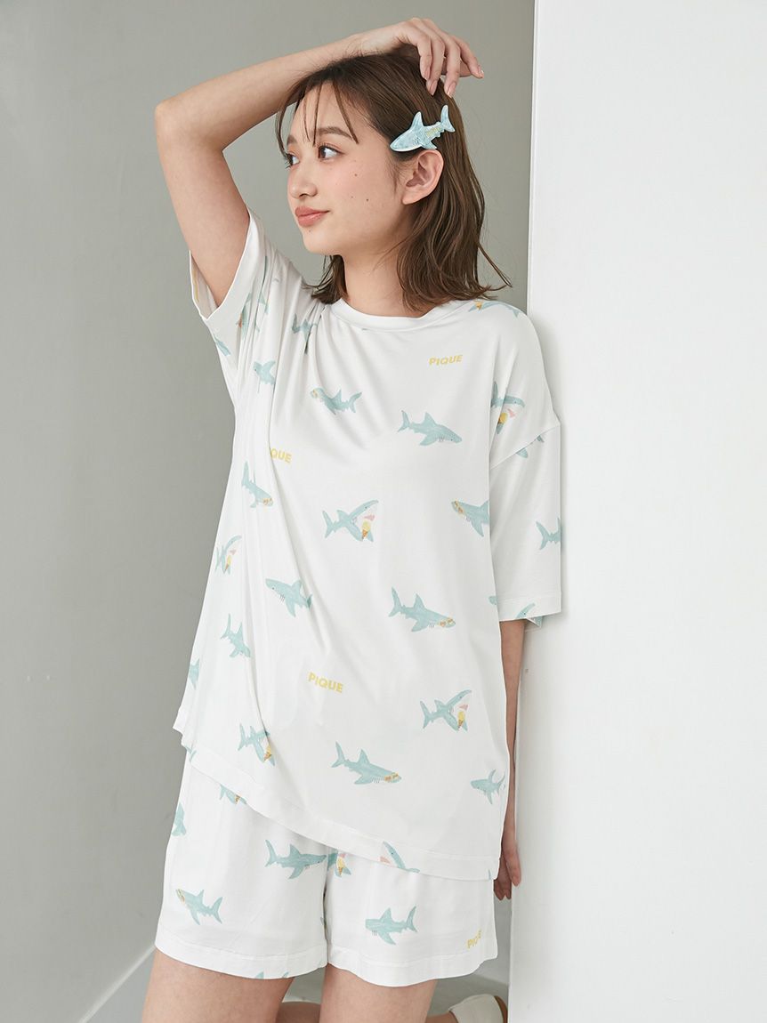 【新品】ジェラートピケ　接触冷感SHARK柄Tシャツ　ショートパンツ上下セット 接触冷感】SHARK柄Tシャツ(カットソー・Tシャツ)｜ルームウェア