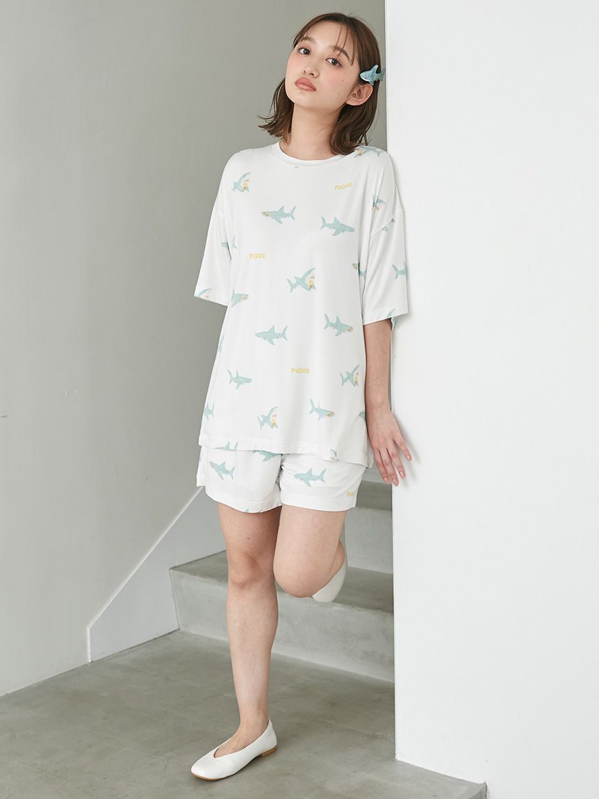 ジェラートピケ　shark柄Tシャツ&ショートパンツ 接触冷感】SHARK柄Tシャツ(カットソー・Tシャツ)｜ルームウェア
