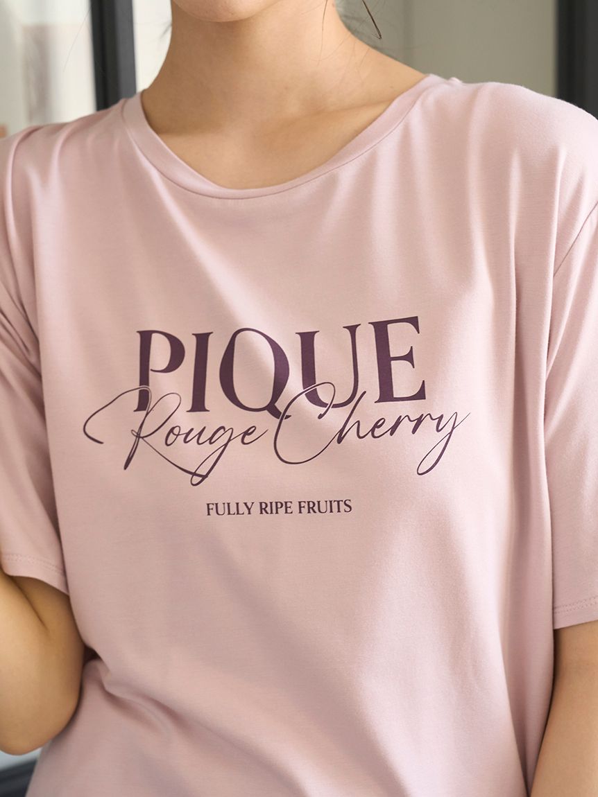【新品】ジェラートピケ接触冷感ワンポイントTシャツ上下セット　チェリー柄 接触冷感】ルージュチェリーレーヨンロゴTシャツ(カットソー・T