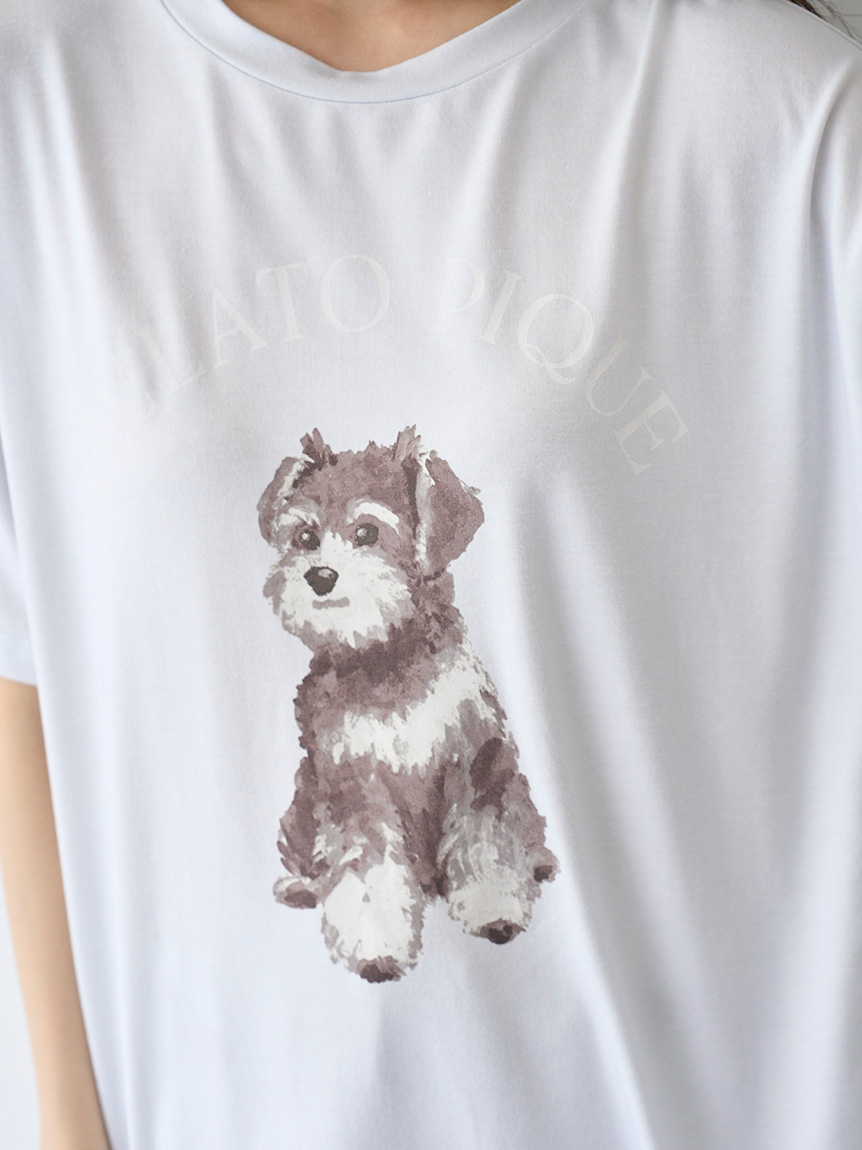 【新品】ジェラートピケ　シュナウザーワンポイントTシャツ&ロングパンツ　ホワイト 新品】ジェラートピケ シュナウザーワンポイントTシャツ&ロング