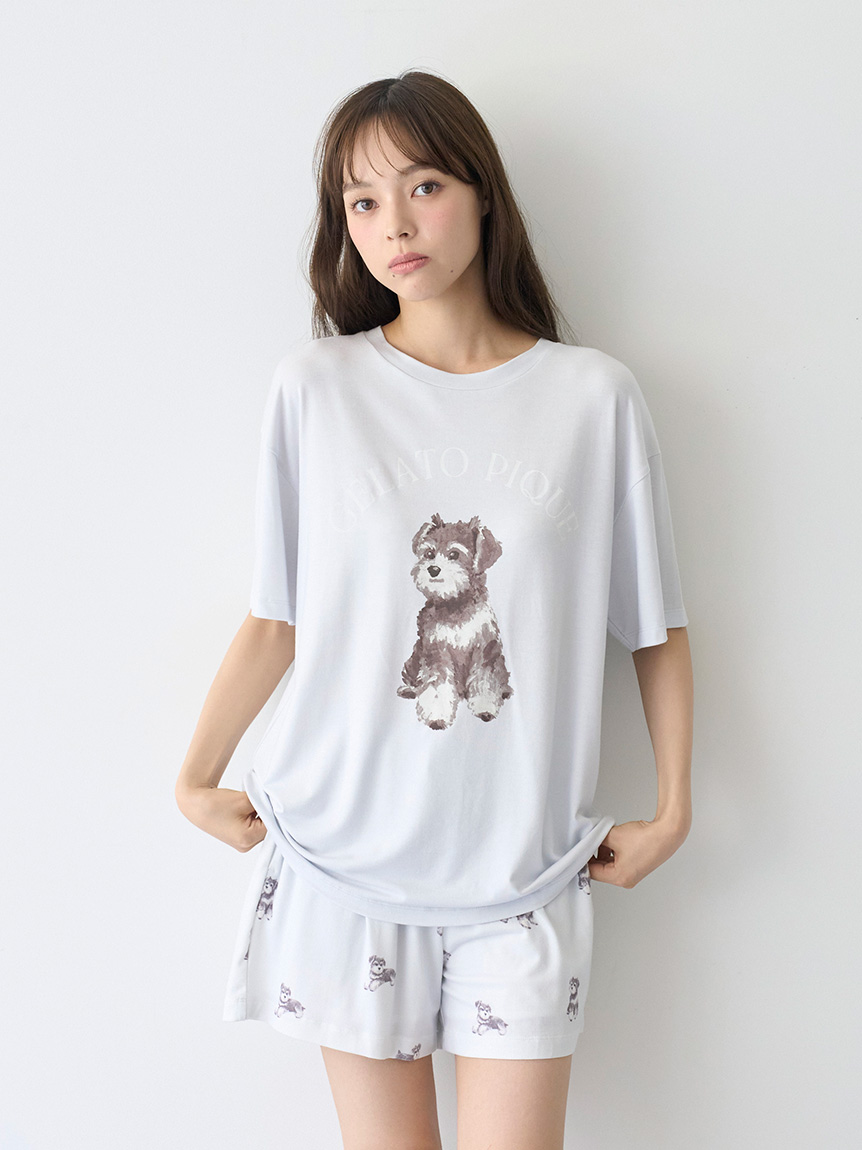 【新品】ジェラートピケ　シュナウザーワンポイントTシャツ&ロングパンツ　ホワイト 新品】ジェラートピケ シュナウザーワンポイントTシャツ&ロング