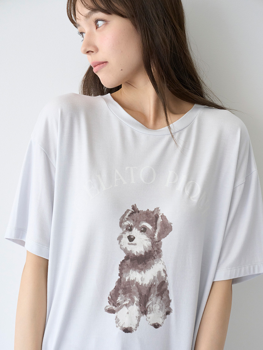 【新品】ジェラートピケ　シュナウザーワンポイントTシャツ&ロングパンツ　ホワイト 新品】ジェラートピケ シュナウザーワンポイントTシャツ&ロング