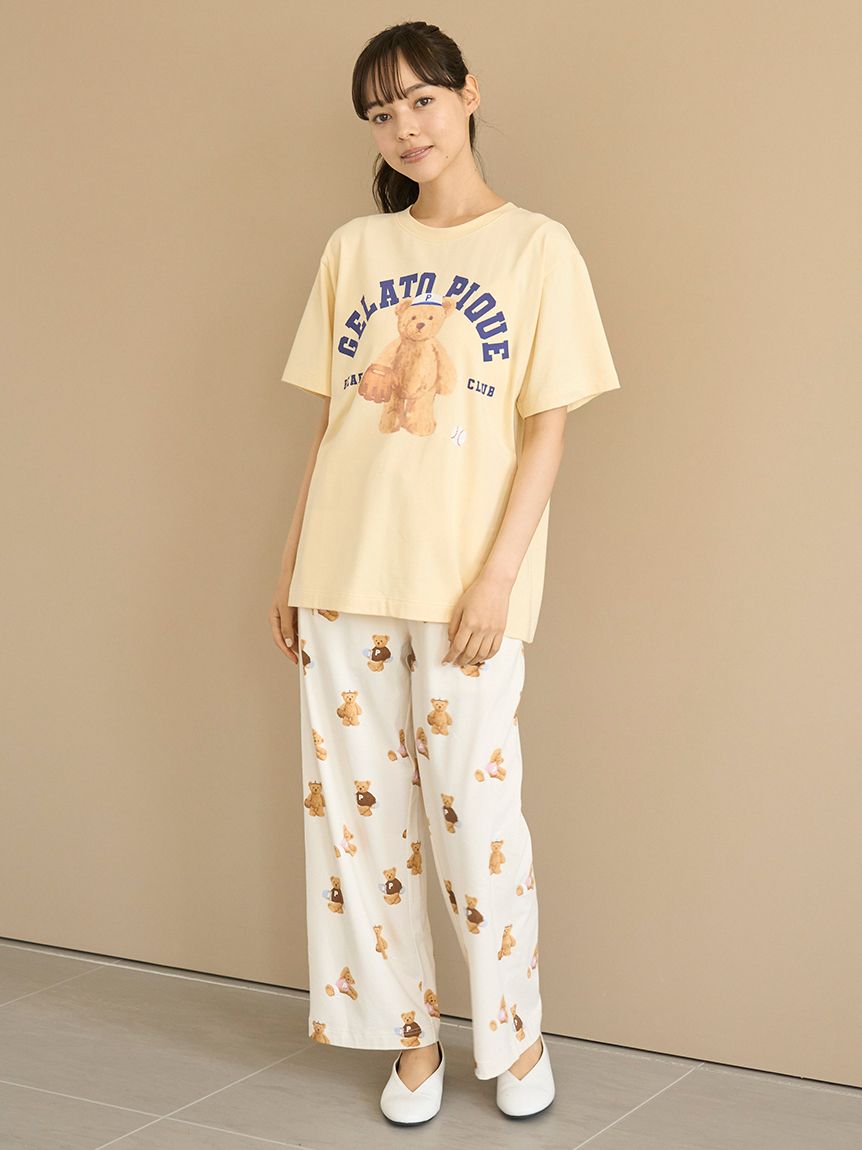 新品　ベア柄ワンポイントTシャツ　総柄ロングパンツ　ジェラートピケ　ピンク ONLINE限定】スポーティーベアワンポイントTシャツ＆総柄ロング