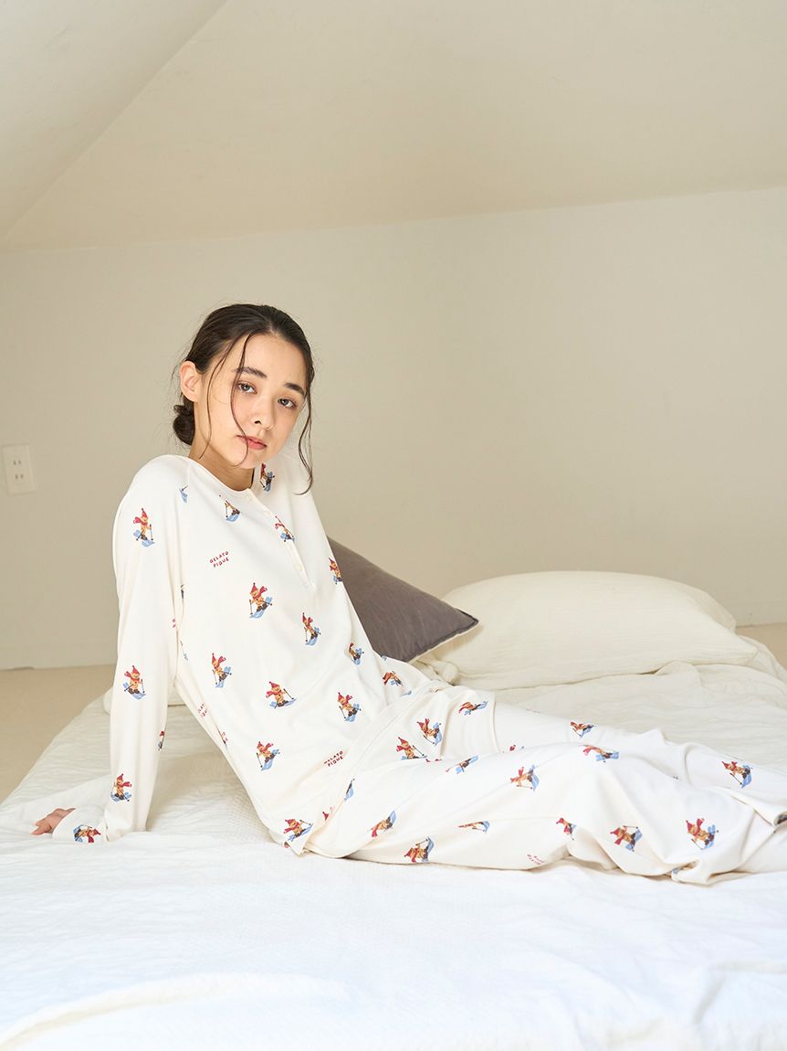 ジェラートピケ 長袖ルームウェア HOLIDAY】スキーベア柄ロンT(カットソー・Tシャツ)｜ルームウェア