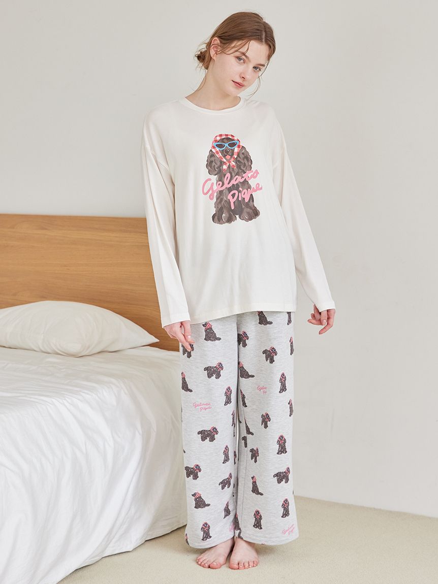 ＊未開封＊スカーフdog ワンポイント ロンT & ロングパンツ セット レッド スカーフDOGワンポイントロンT(カットソー・Tシャツ)｜ルームウェア