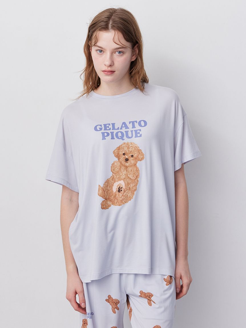 ジェラートピケ　ドッグワンポイントTシャツ＆ショートパンツ　ライトピンク ドッグワンポイントTシャツ(カットソー・Tシャツ)｜ルームウェア