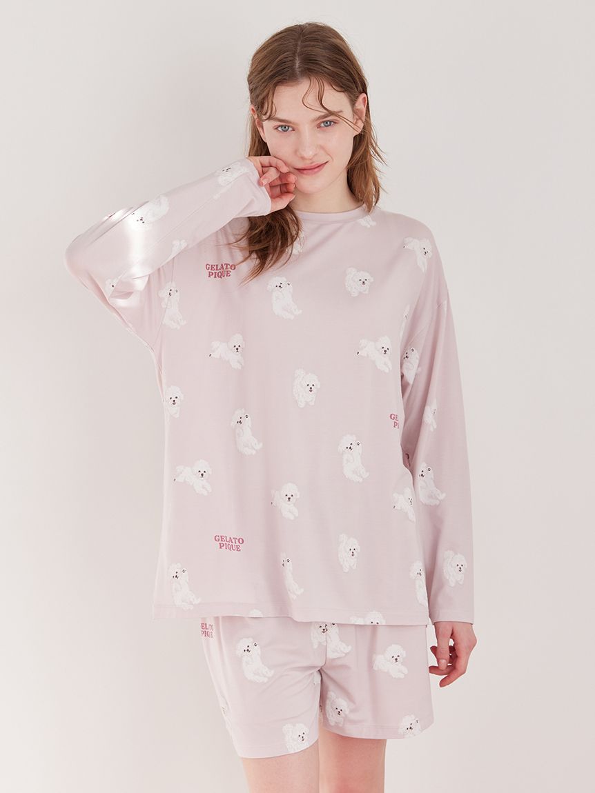 ジェラートピケ スリープドッグ柄 ロンT ロングパンツ セット　ジェラピケ　新品 ドッグ柄ロンT(カットソー・Tシャツ)｜ルームウェア・パジャマ通販の