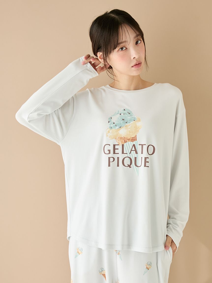 【新品未使用】【gelato pique】【LADIES】総柄ロングTシャツ アイスワンポイントロンT(カットソー・Tシャツ)｜ルームウェア