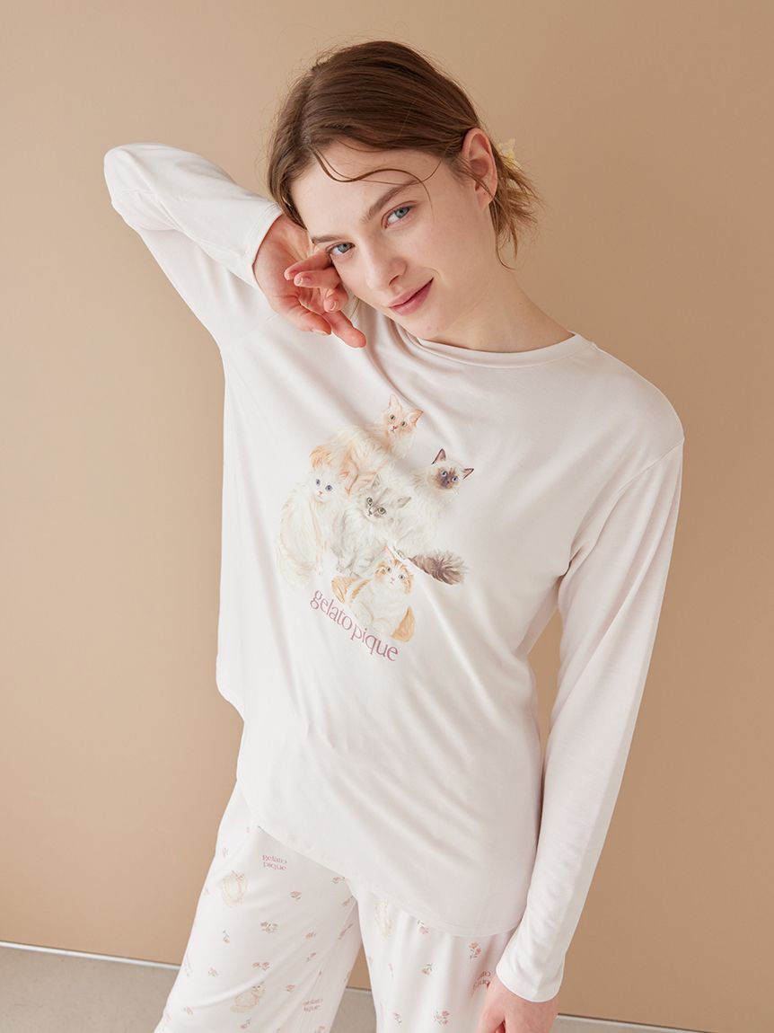 新品ジェラートピケ CAT柄ワンポイントTシャツ&ロングパンツ上下セット gelato pique（ジェラートピケ） パジャマ 「ONLINE限定」「HOMME