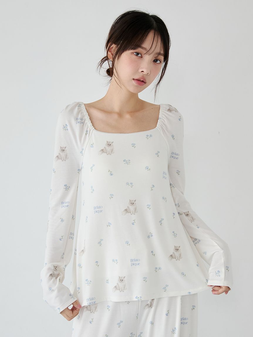 フラワーキャット柄カップインプルオーバー(カットソー・Tシャツ