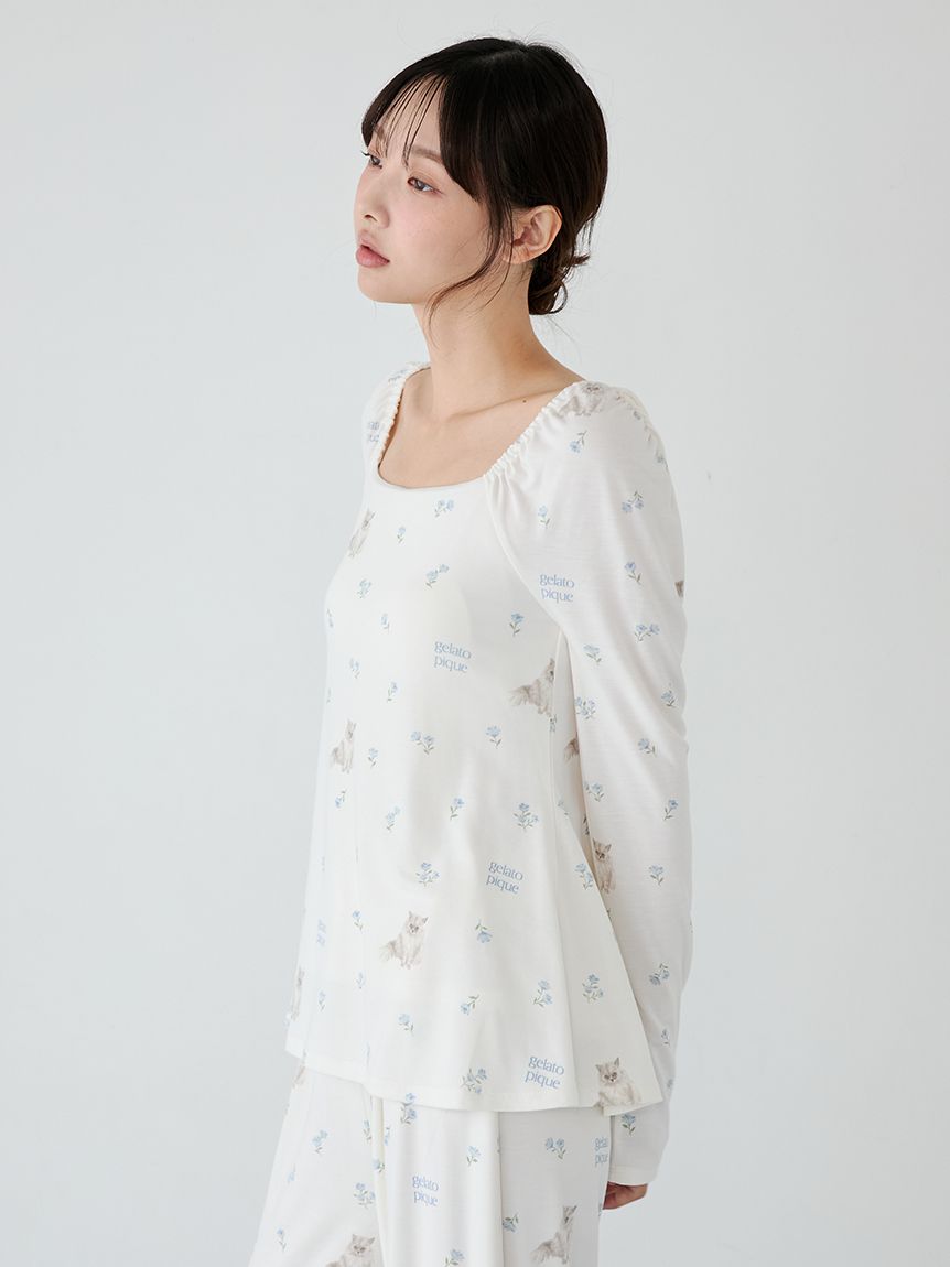 フラワーキャット柄カップインプルオーバー(カットソー・Tシャツ