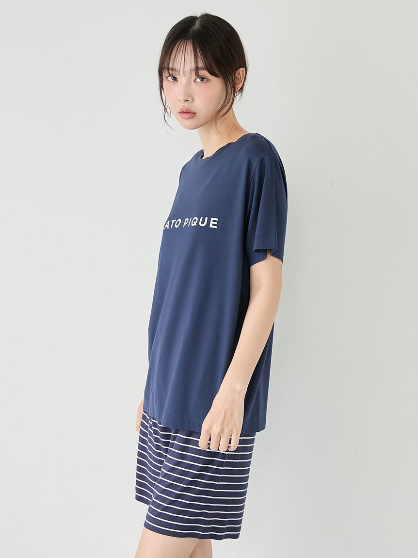 レーヨンロゴTシャツ&ボーダーハーフパンツセット(カットソー・Tシャツ レーヨンロゴTシャツ&ボーダーハーフパンツセット(カットソー・Tシャツ