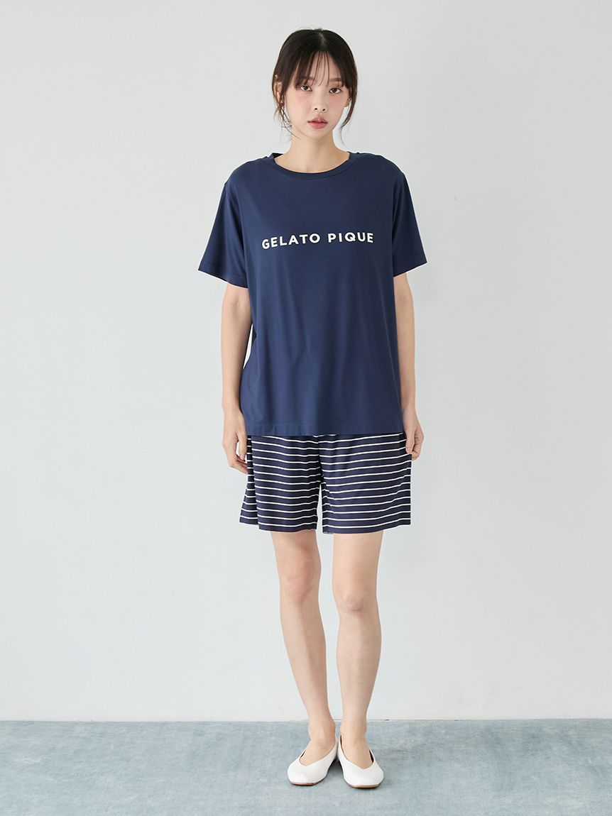 レーヨンロゴTシャツ&ボーダーハーフパンツセット(カットソー・Tシャツ