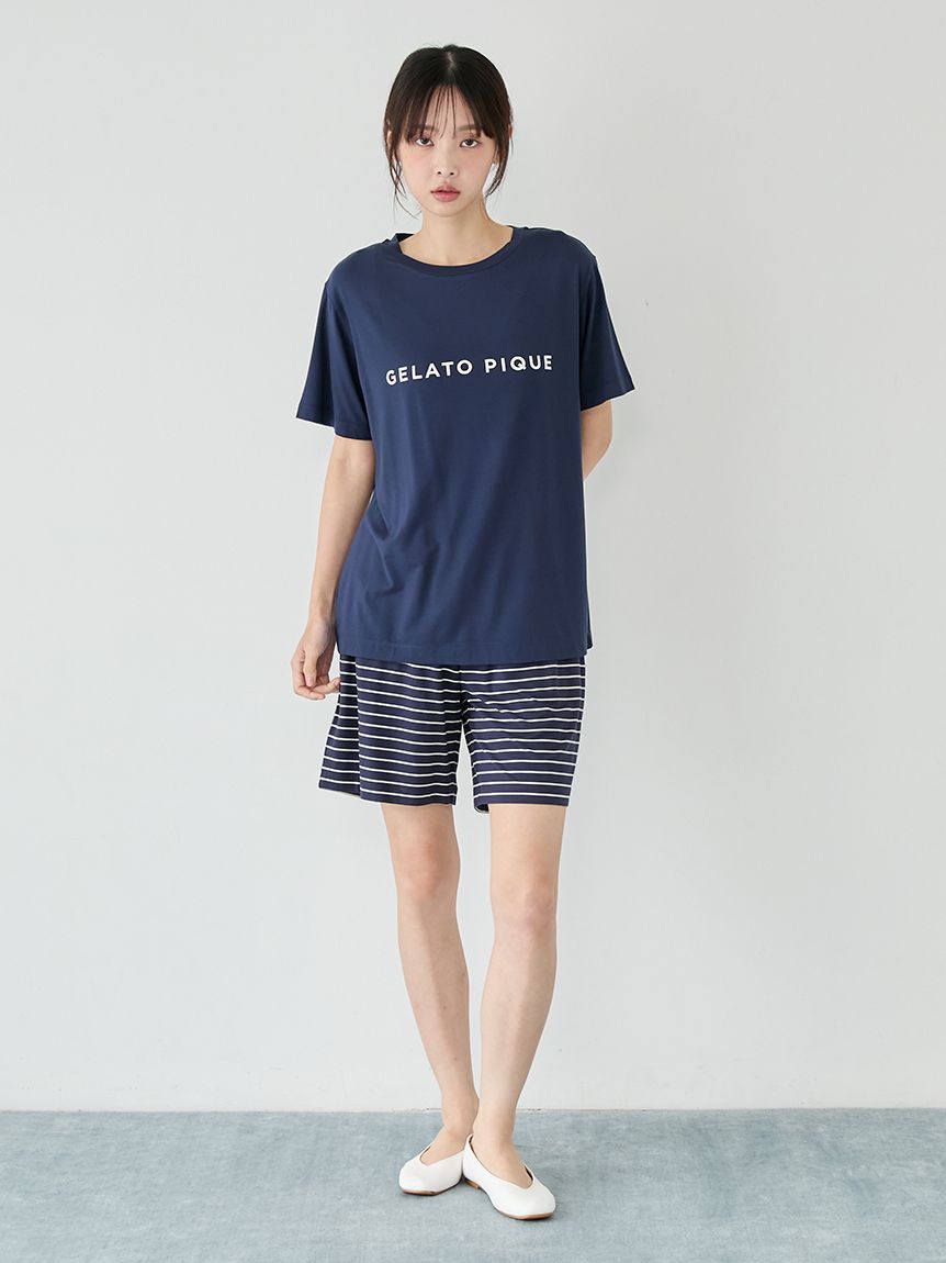 レーヨンロゴTシャツ&ボーダーハーフパンツセット(カットソー・Tシャツ