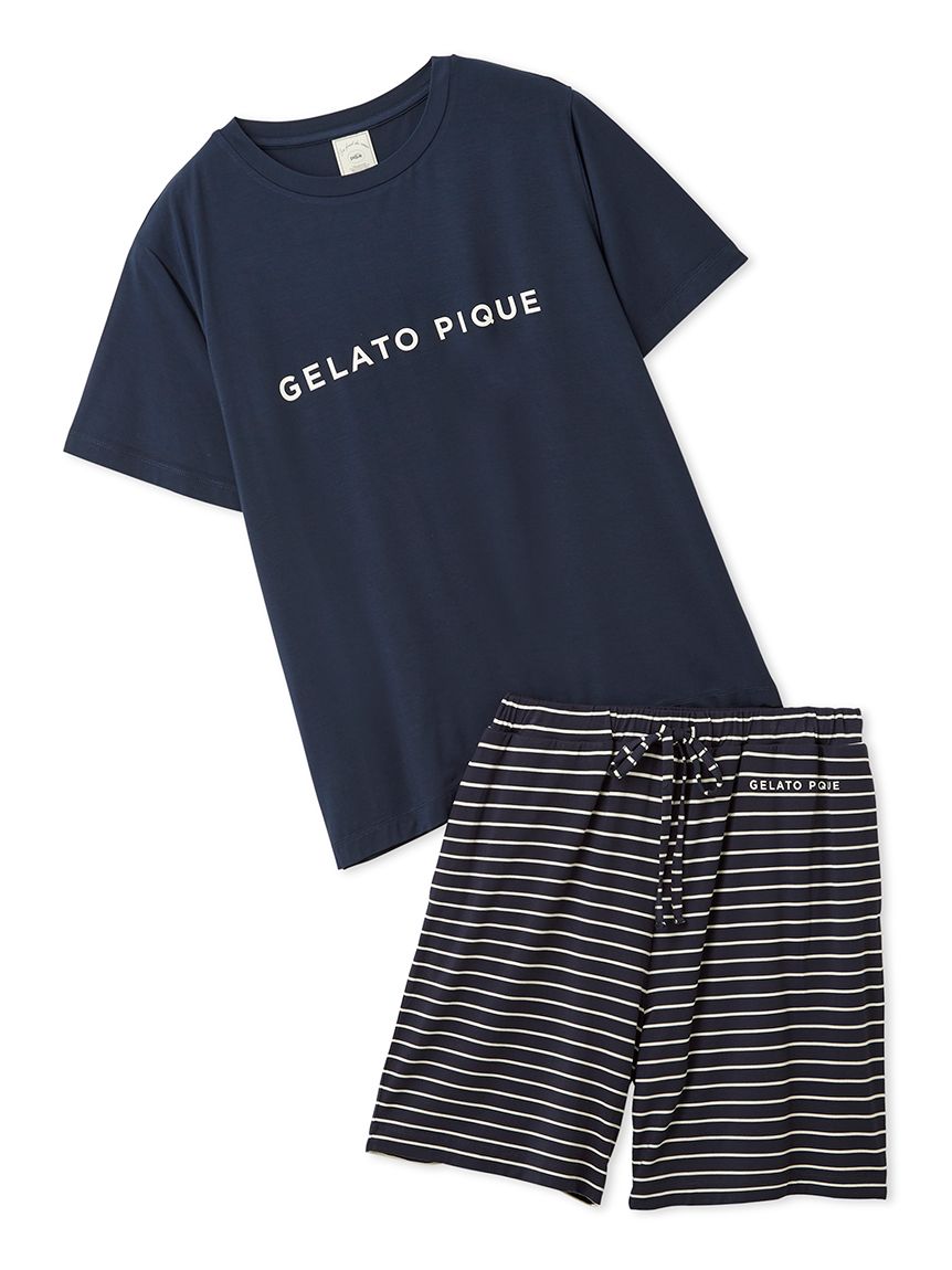 ジェラートピケ　可愛い♡シュナウザー柄Tシャツとハーフパンツの上下セット限定品 レーヨンロゴTシャツ&ボーダーハーフパンツセット(カットソー・Tシャツ