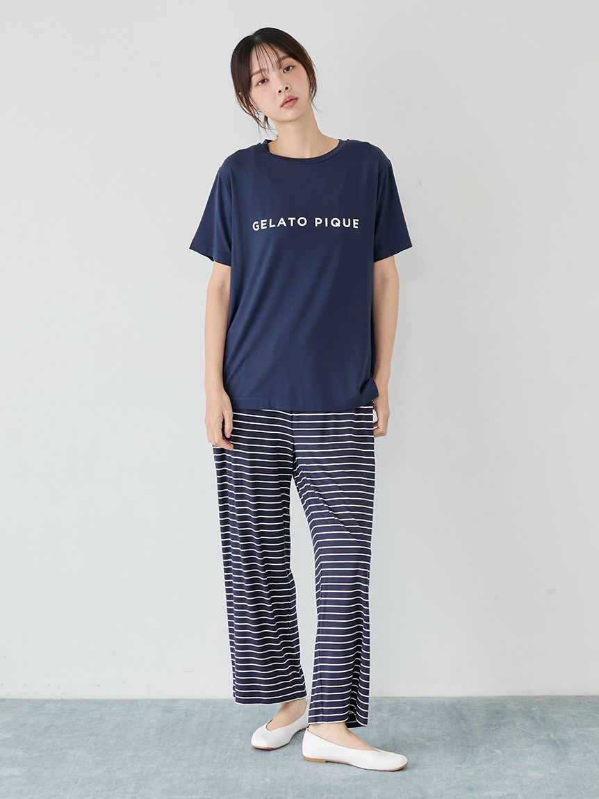 レーヨンロゴTシャツ&ボーダーロングパンツセット(カットソー・Tシャツ