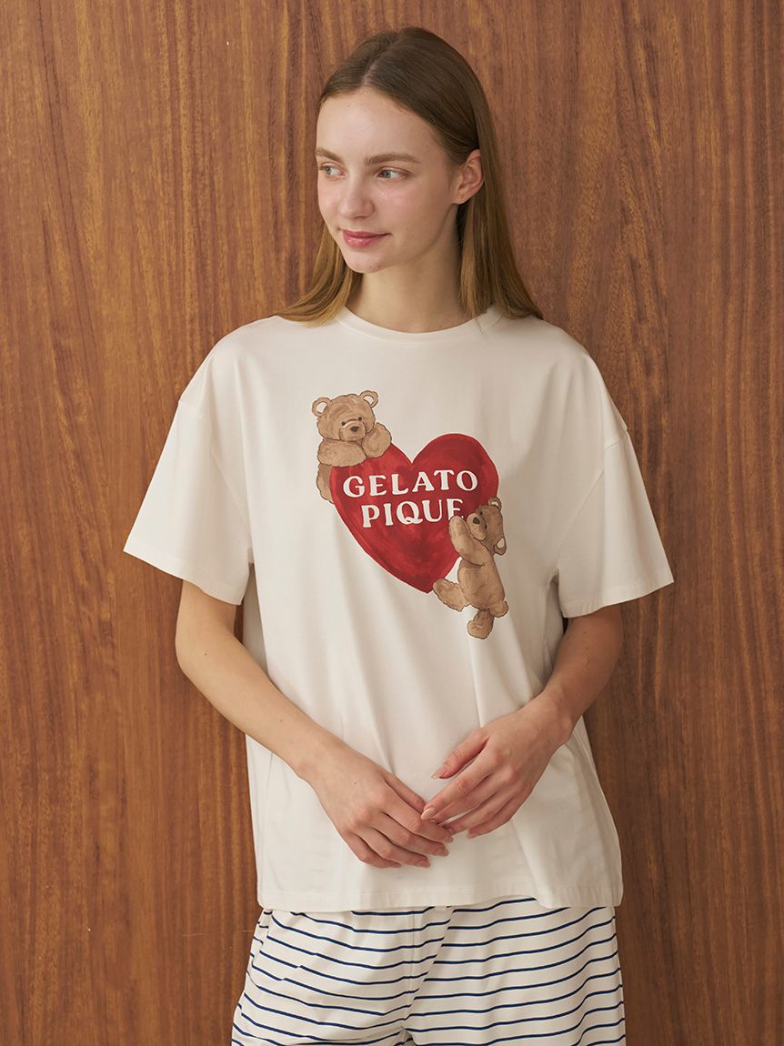 接触冷感】BEAR HEARTワンポイントTシャツ(カットソー・Tシャツ
