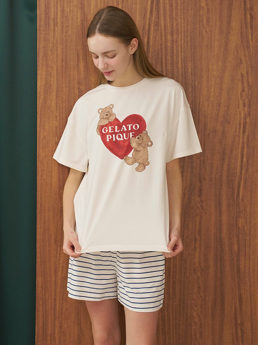 接触冷感】BEAR HEARTワンポイントTシャツ(カットソー・Tシャツ