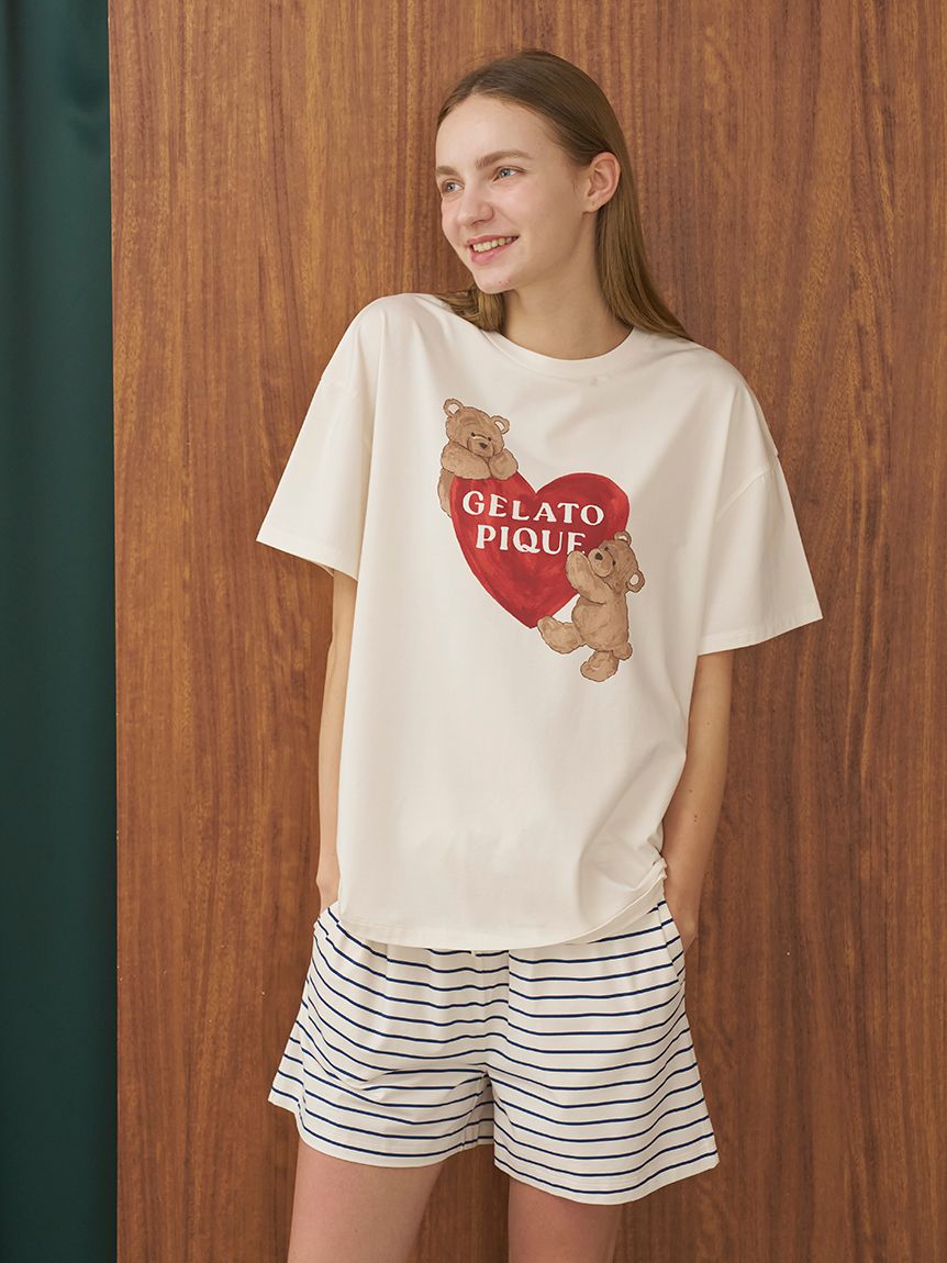 接触冷感】BEAR HEARTワンポイントTシャツ(カットソー・Tシャツ