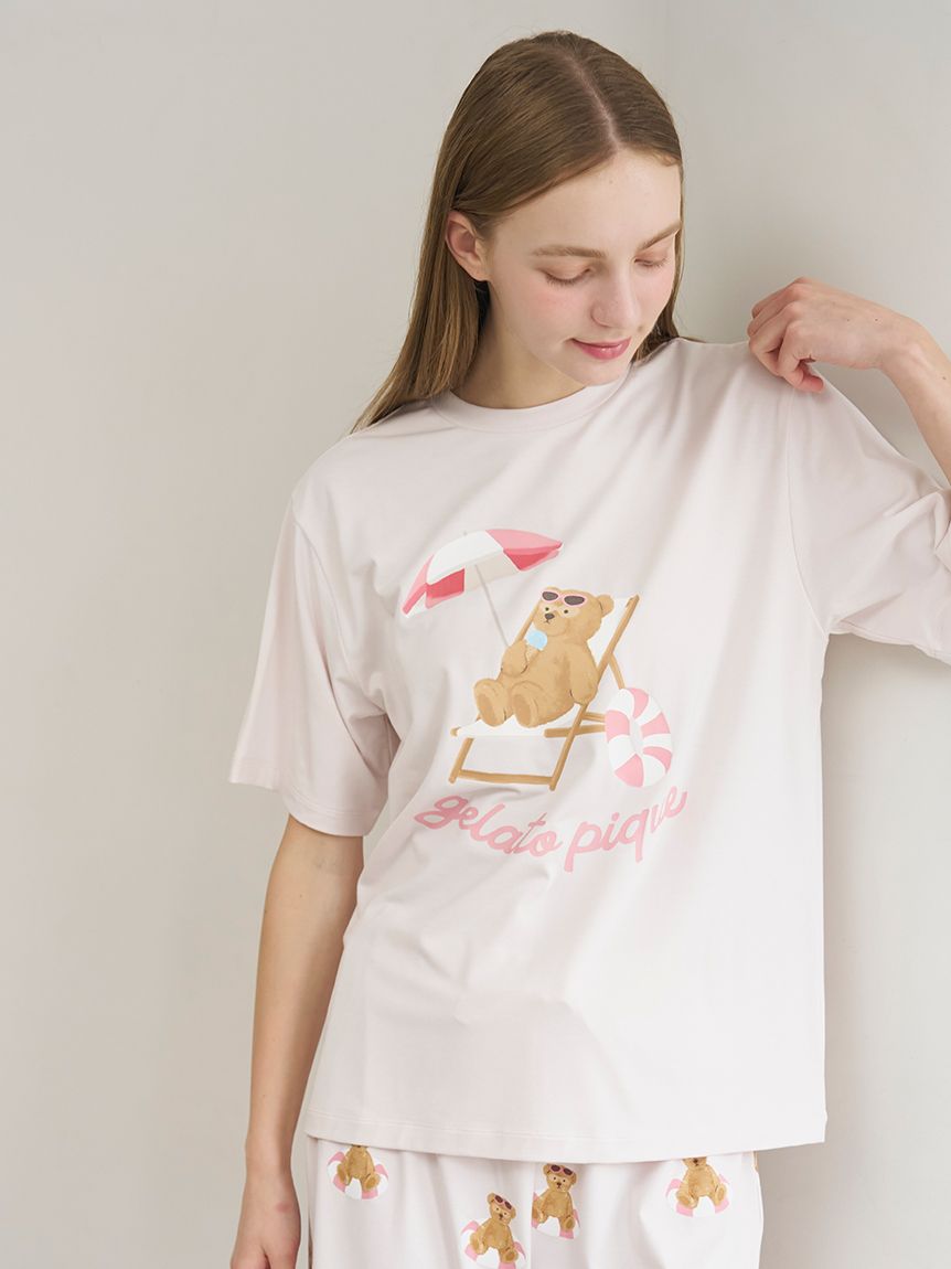 ジェラートピケ スポーティーベアワンポイントTシャツ&総柄ロングパンツセット 接触冷感】サマーベアワンポイントTシャツ(カットソー・Tシャツ
