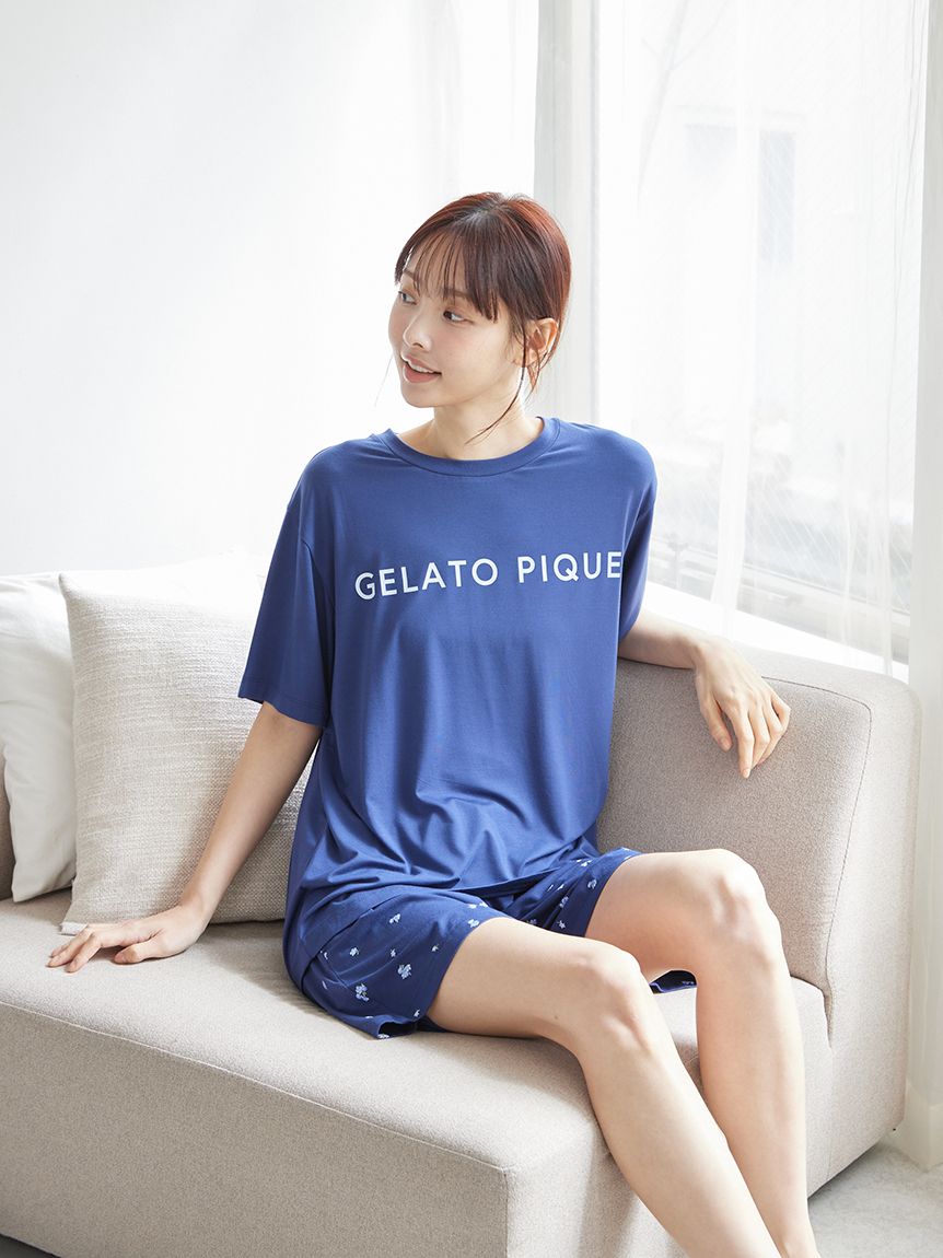 gelato pique ルームウェア4点セット レーヨンロゴTシャツ&ボーダーロングパンツセット（ルームウェア