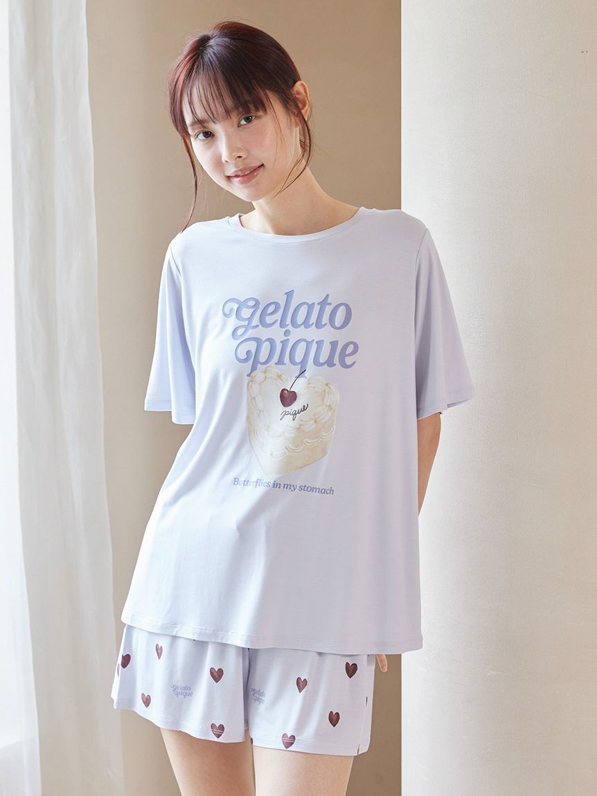 ジェラートピケ ケーキ柄 ルームウェア ONLINE限定】【接触冷感】ケーキワンポイントTシャツ&ハート柄ショート