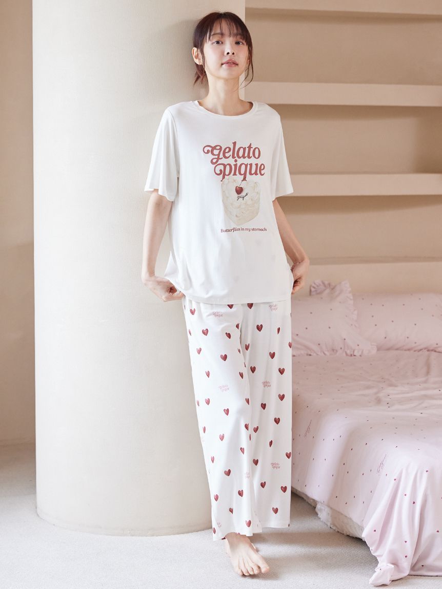 ジェラピケ　ドットワンポイント　ロンT ブラック　ロングパンツセット gelato pique（ジェラートピケ） レーヨンロゴTシャツ&ボーダーロング