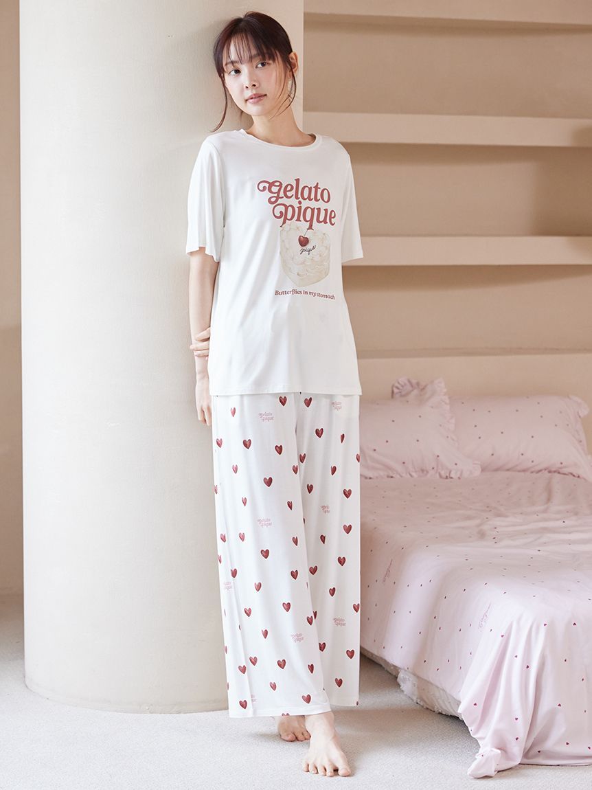 ジェラートピケ ケーキワンポイントTシャツ＆ハート柄ショートパンツ セットアップ ONLINE限定】【接触冷感】ケーキワンポイントTシャツ&ハート柄ショート