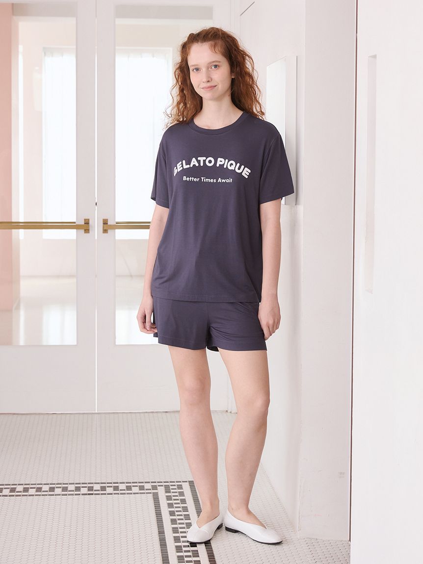 GELATO PIQUE レーヨンロゴTシャツ＆ショートパンツセット 接触冷感 接触冷感】カジュアルレーヨンロゴTシャツ&ショートパンツセット