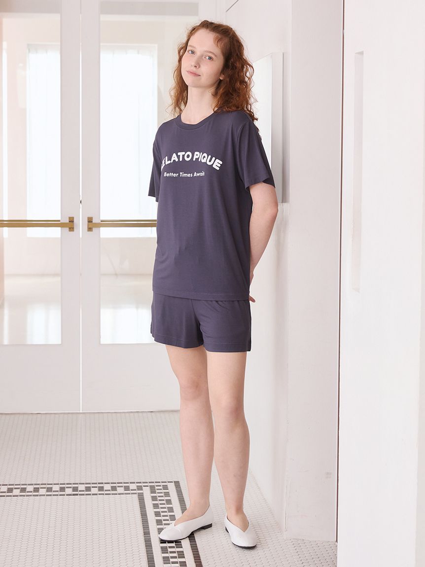 【新品】　ジェラートピケ　 接触冷感　レーヨンロゴTシャツ　パンツセット　ピンク 接触冷感】カジュアルレーヨンロゴTシャツ&ショートパンツセット