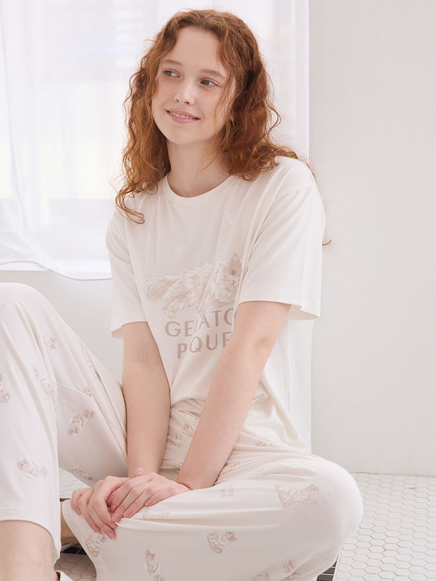 抗菌防臭】バスタイムCATワンポイントTシャツ(カットソー・Tシャツ