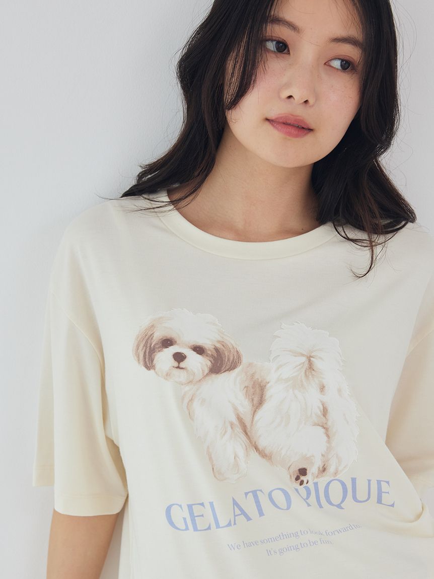 接触冷感】【UVカット】お散歩ドッグワンポイントTシャツ(カットソー